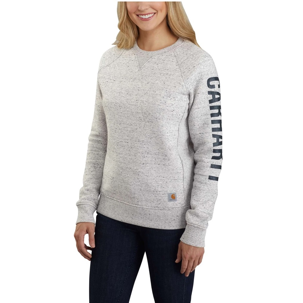 Women’s Relaxed Fit Midweight Crewneck Block Logo Sleeve Graphic Sweatshirt, Lg